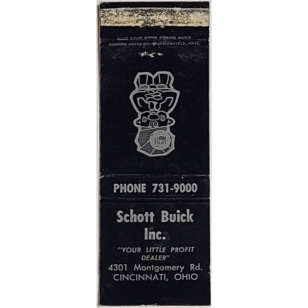 VTG Matchbook Schott Buick Cincinnati Ohio OH Little Profit Cartoon Front Strike
